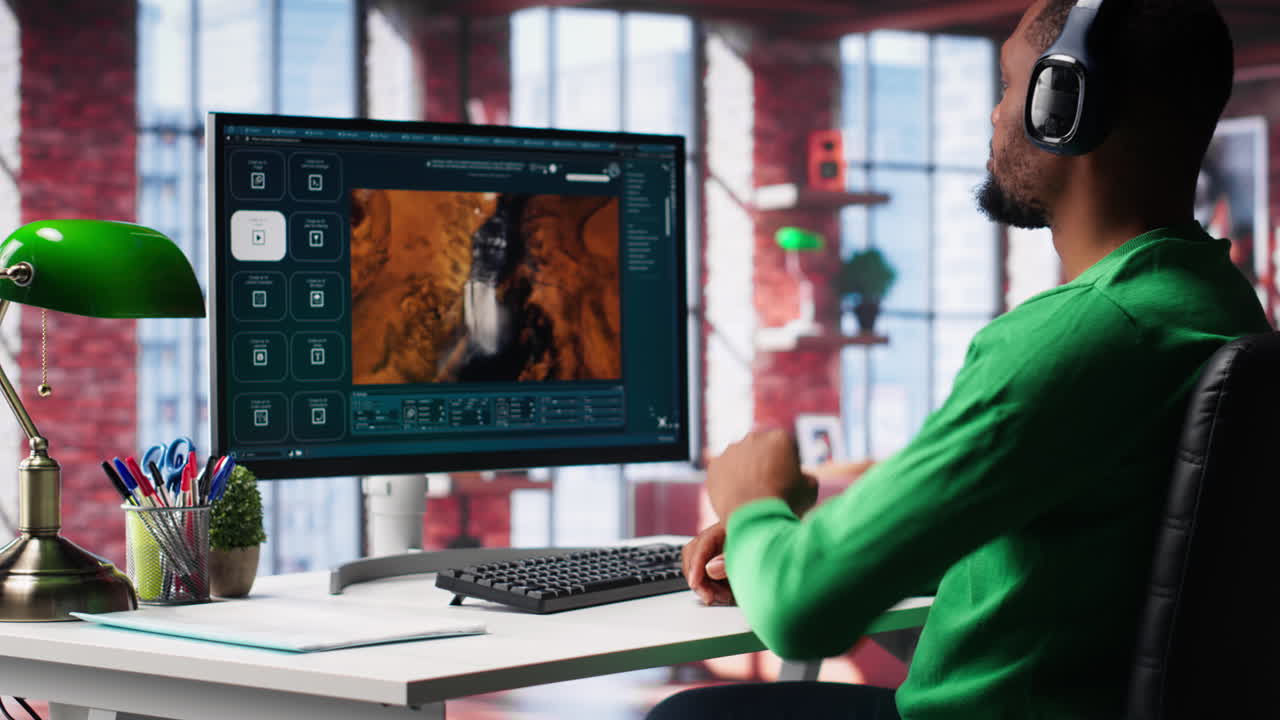 Vertical Video African american guy exploring generative AI art and deep learning visuals