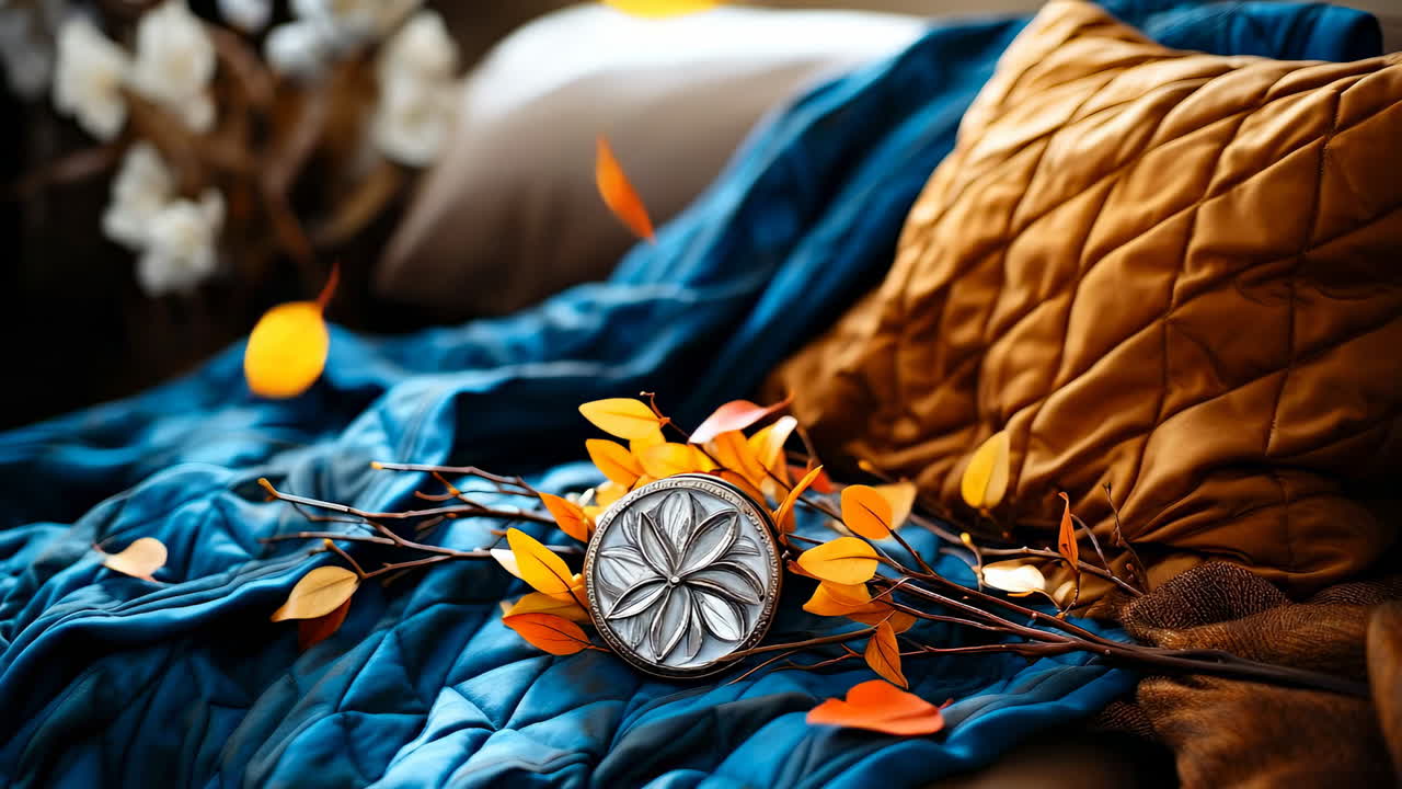 Accogliente arredamento autunnale su una morbida coperta. Una splendida composizione di foglie e un elemento decorativo sono adagiati su una vivace coperta blu in un ambiente invitante.