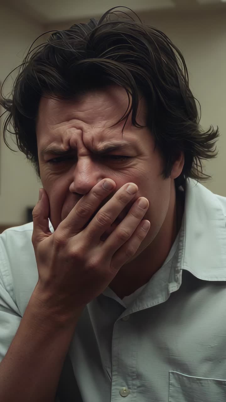 Vertical video: Reacting to shock, man in collared shirt covering mouth in office lowering hand