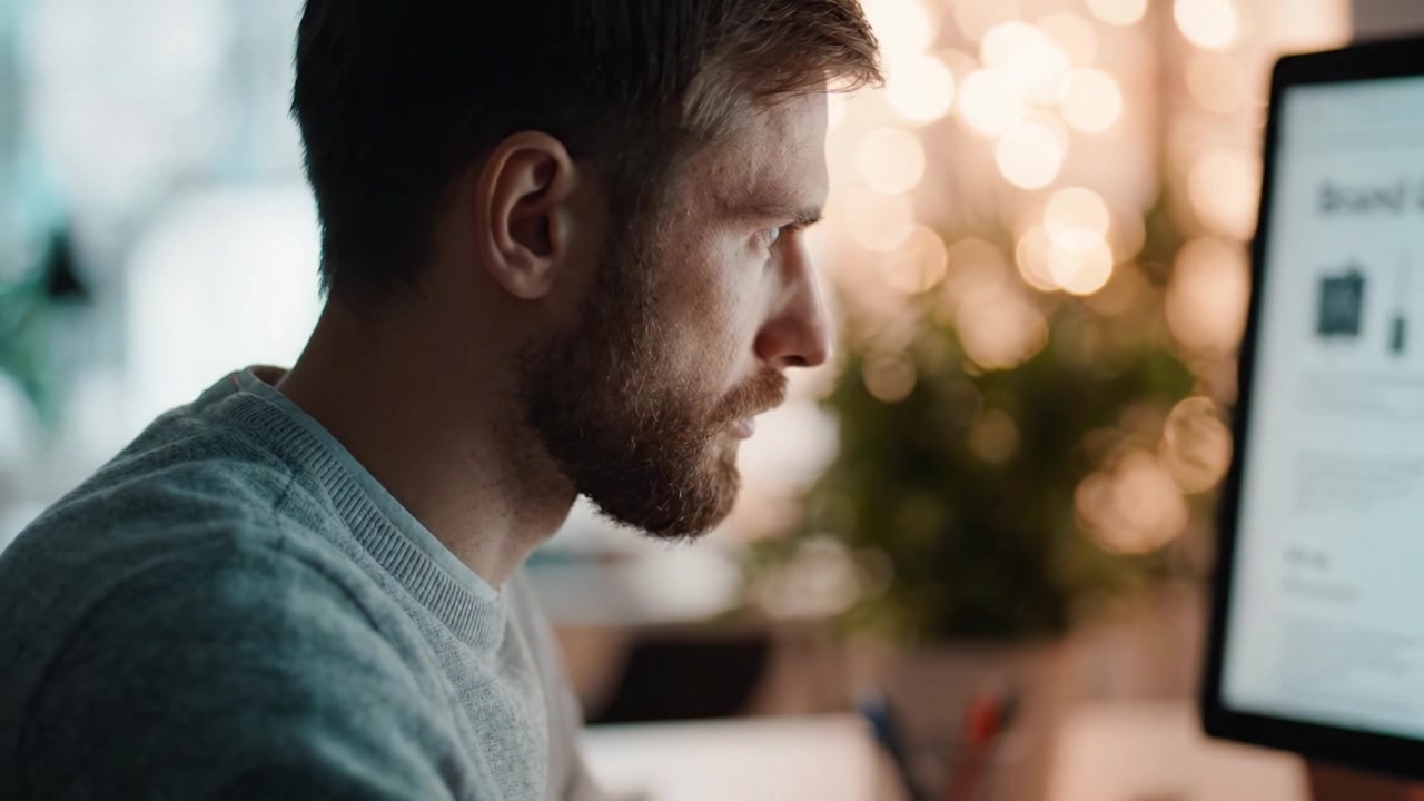 Focused Individual Engaged with Computer Screen Illuminated by Soft Ambient Light, Highlighting Concentration and Modern Workspace Aesthetic