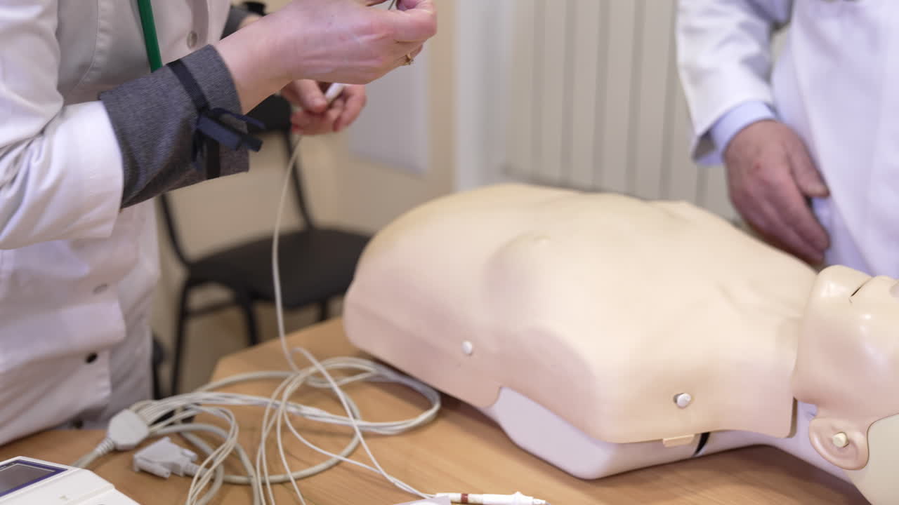 Hands on CPR practice dummy. Plastic dummy with connected life support sensors on hospital bed