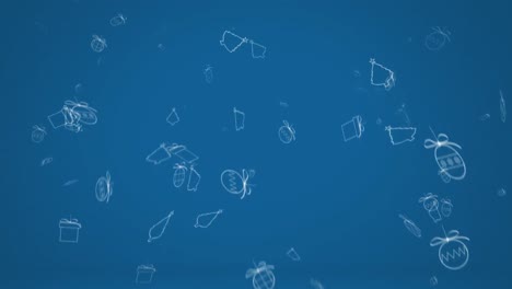 animation of falling christmas decorations over blue background