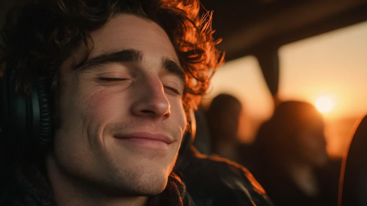 A young man enjoying a serene moment as he listens to music while traveling on a bus, capturing the essence of relaxation and tranquility during sunset