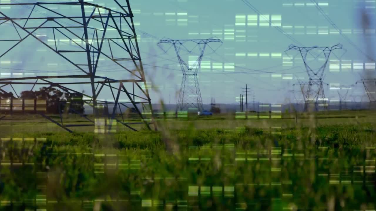 Animation of moving columns over landscape with electricity pylons