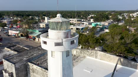 extreme closeup orbiting view of lighthouse in telchac puerto, yucatan, mexico