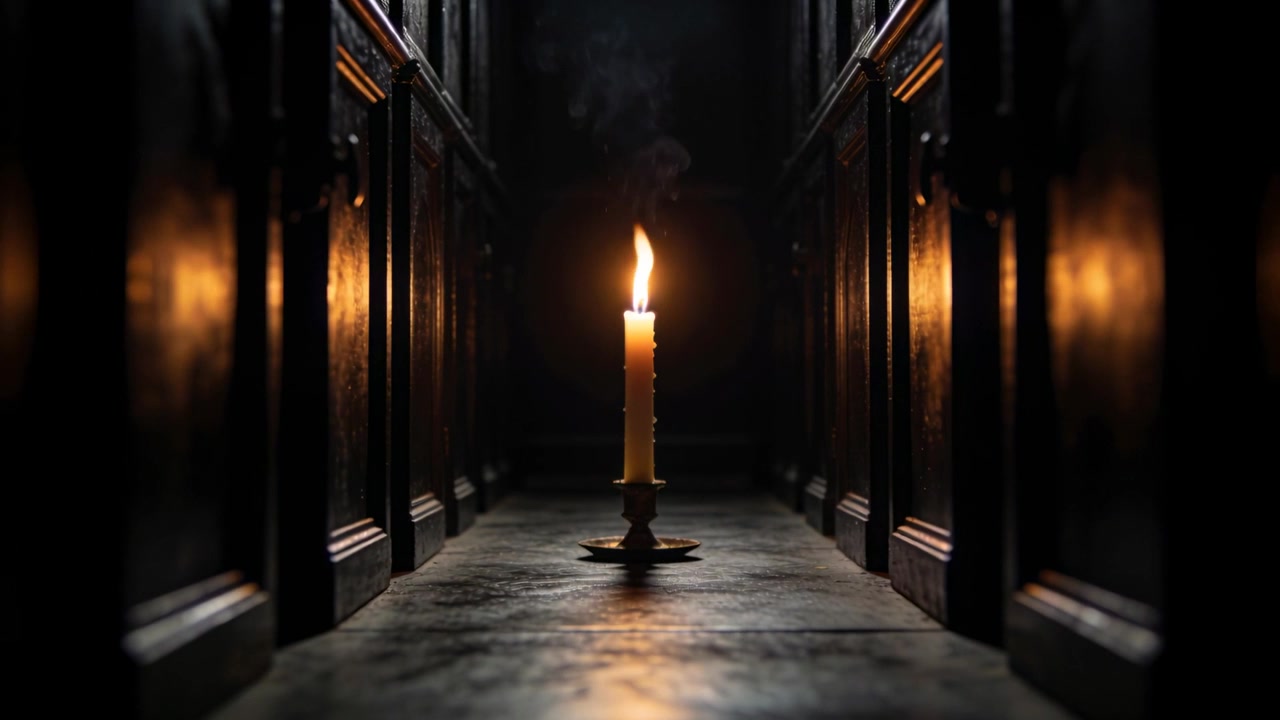Inquadrando una singola candela a stelo su un piccolo portacandele, la telecamera riprende la fiamma che si inclina, catturando il caldo bagliore del legno.