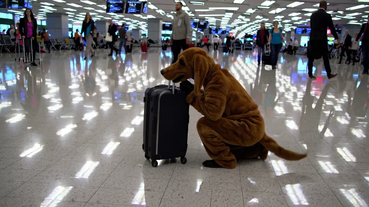 perro disfrazado en el aeropuerto