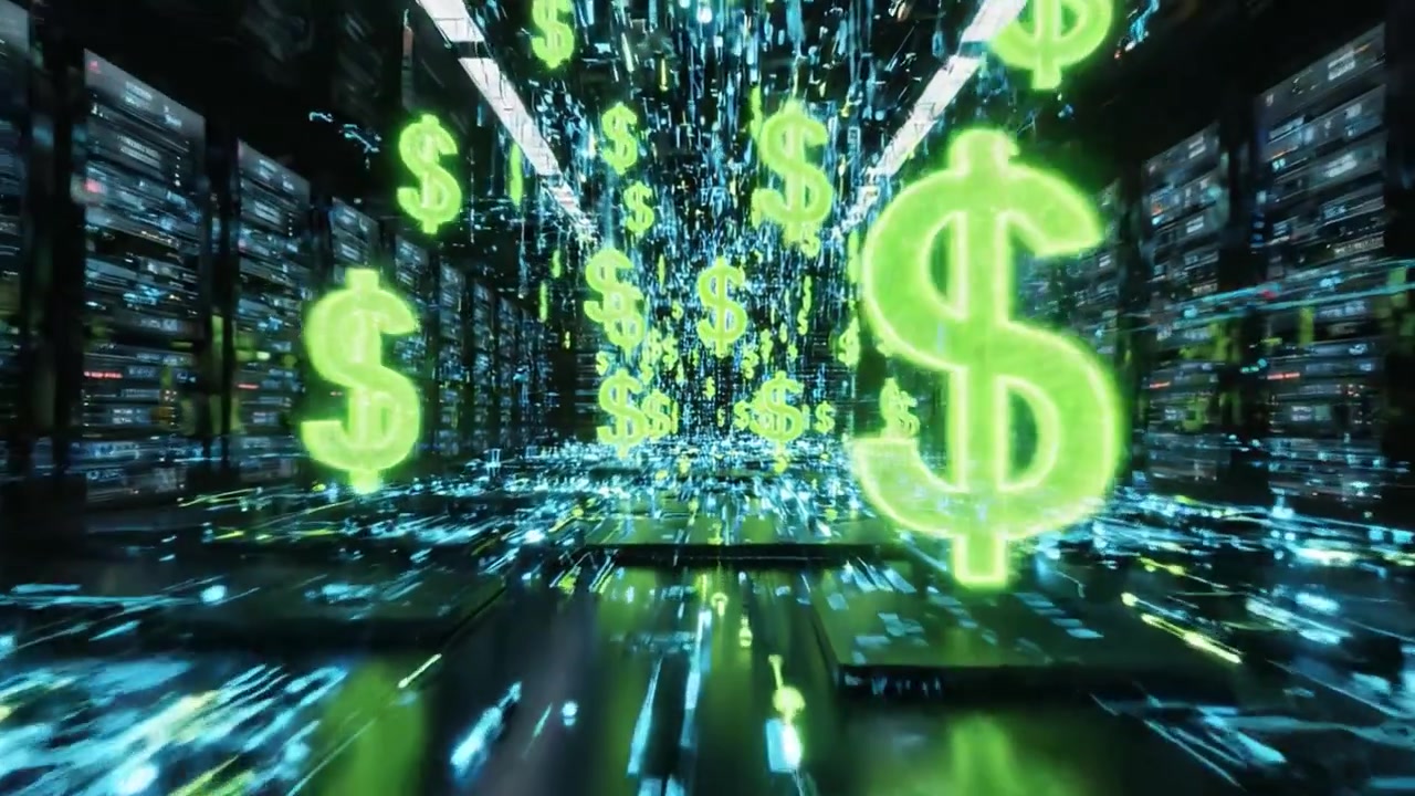 Uma Visualização Dinâmica do Crescimento de Moeda Digital Num Ambiente de Servidor de Alta Tecnologia, Apresentando Símbolos de Dólar Verdes Fluindo e Fluxos de Dados