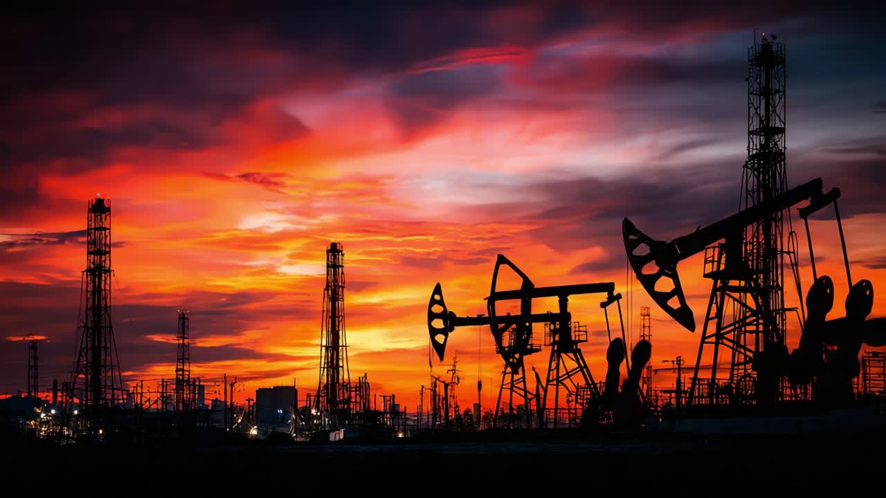 Dramatic Sunset Over Oil Fields with Silhouetted Pump Jacks Highlighting the Energy Industry's Vital Role in Modern Economy