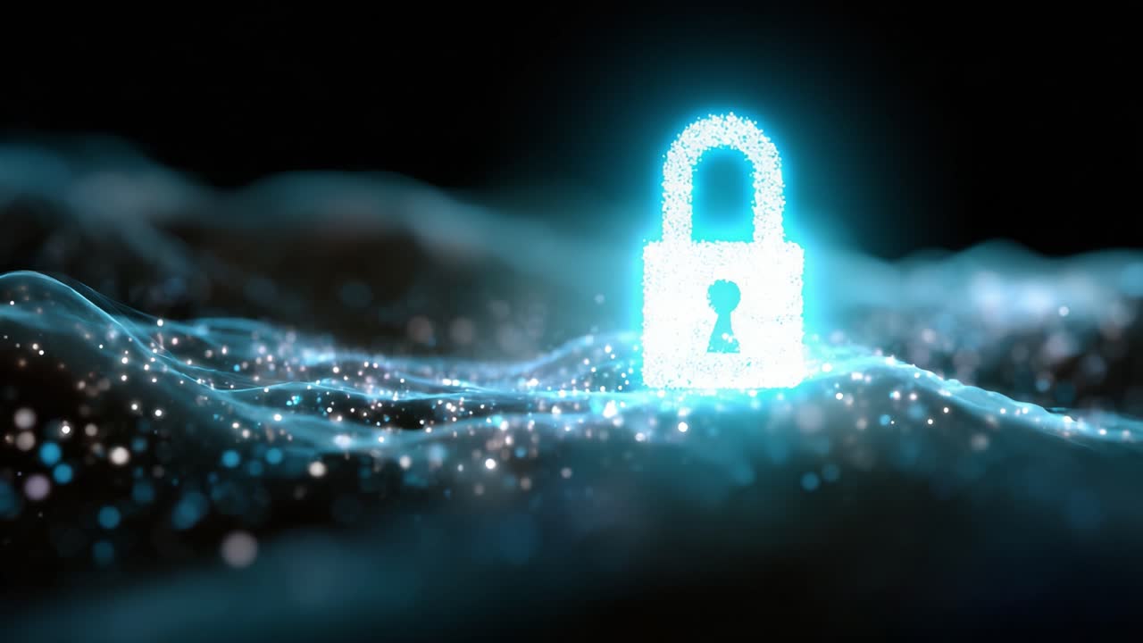 A Glowing Digital Lock Surrounded by a Mystical Flow of Light Particles Representing Cybersecurity and Data Protection in a High-Tech Environment