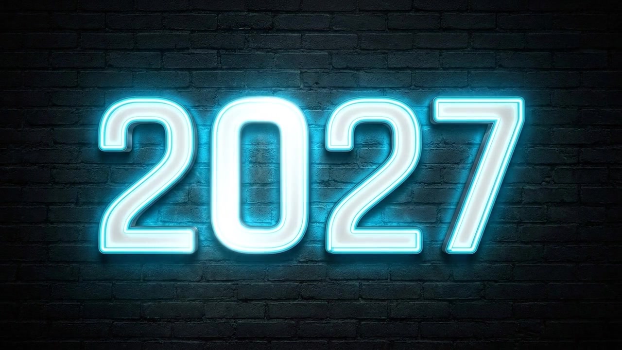 Glowing Neon 2027 Sign Turning Off on Dark Brick Wall