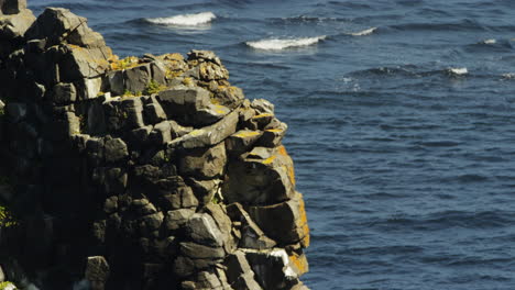 pan up detail shot of the layers of basalt in the hvitserkur sea stack in iceland