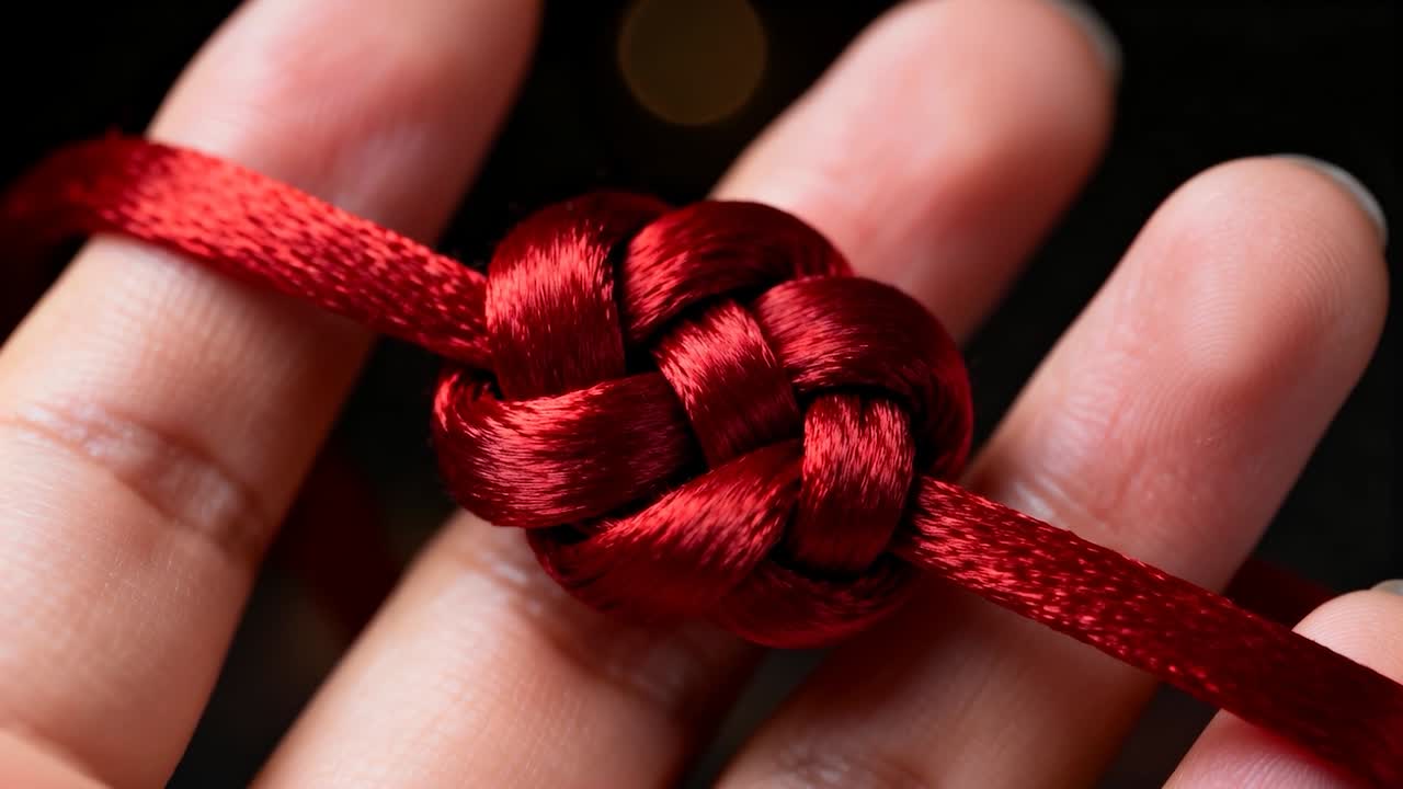 Touching satin cord, fingers pulling tail, rotating and pressing red knot to show in studio