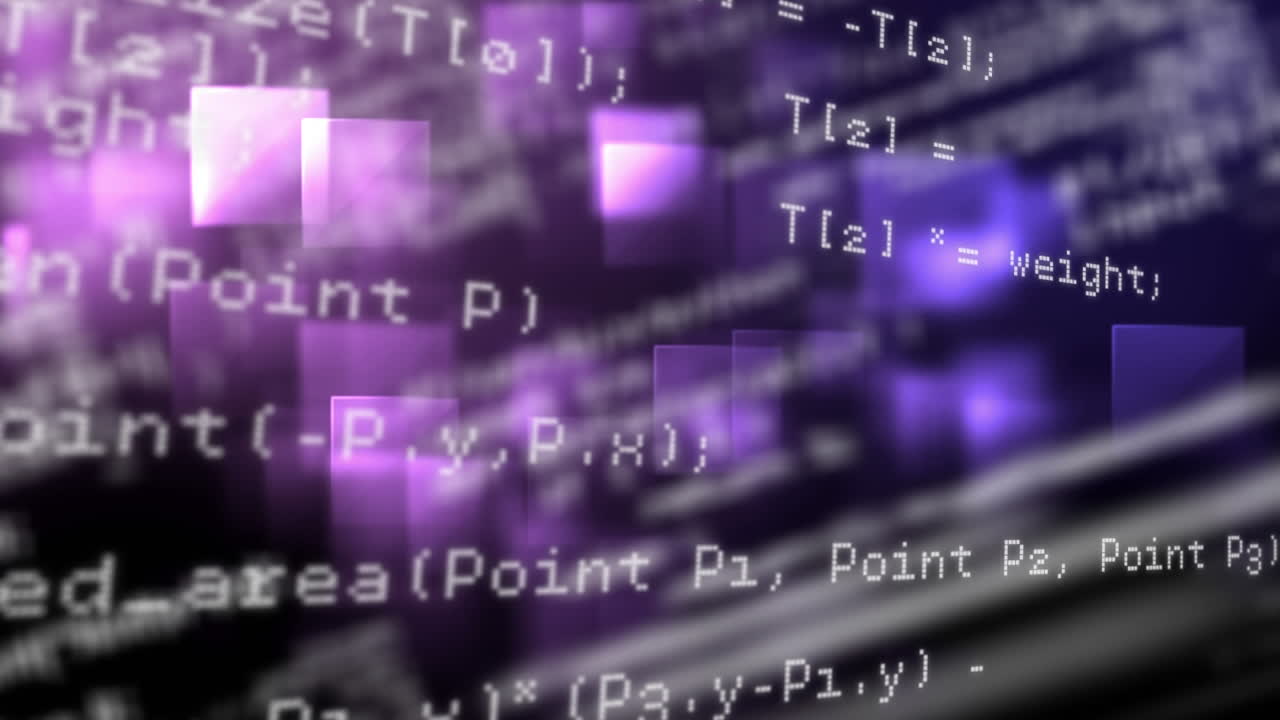 Digital animation of data processing against square shapes moving on purple background