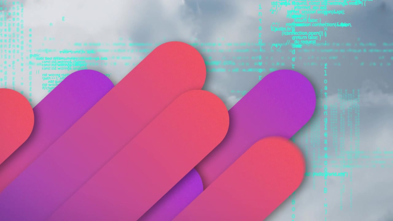 Abstrakt digital kode og geometriske former på en skyet himmel.