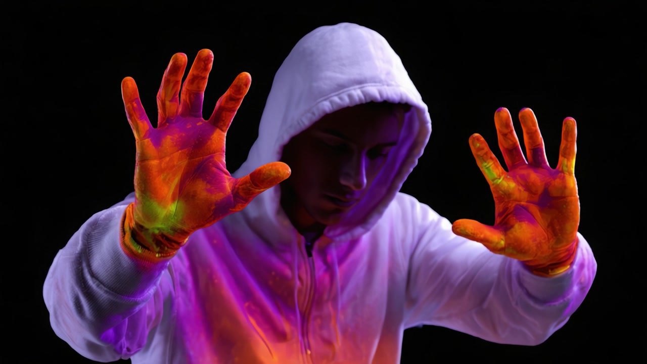 Một biểu hiện sáng tạo của màu sắc rực rỡ được thể hiện trên bàn tay và áo hoodie của một người, được chiếu sáng trên nền tối, làm nổi bật các hiệu ứng nghệ thuật và phát sáng