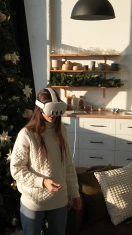 woman using vr headset at home during christmas