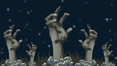 Animation-of-zombie-hand-out-of-ground-in-cemetery