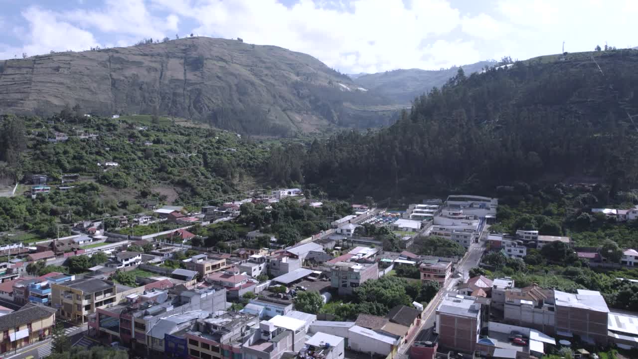 aerial de san pedro de riobamba la capital de la provincia de chimborazo en el centro de ecuador, avión no tripulado vuela sobre las montañas de los andes paisaje pintoresco de américa latina