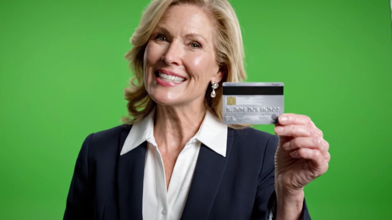 Donna sicura di sé in abbigliamento professionale dimostra le caratteristiche del prodotto con una carta di credito in un vivace ambiente con schermo verde, mettendo in mostra il coinvolgimento e la soddisfazione del cliente.