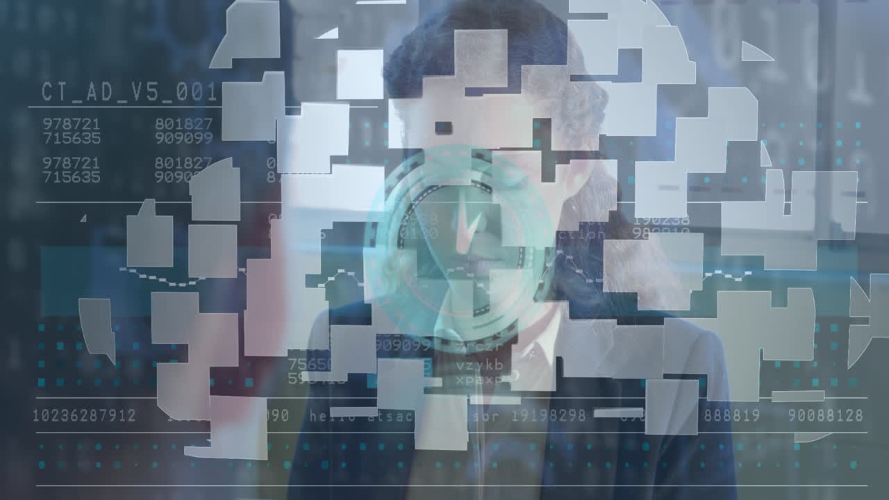 금융 데이터, 시계 및 디지털 클라우드의 애니메이션 코카시안 사업가