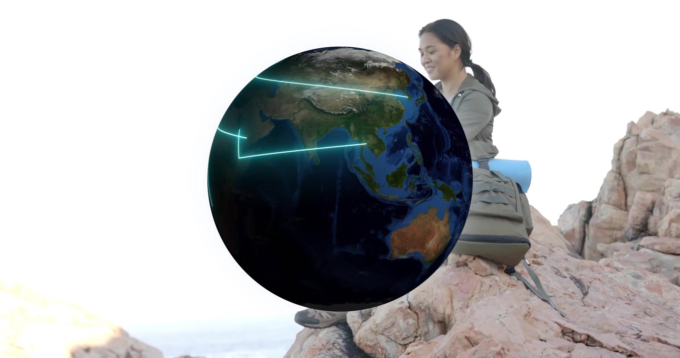 Mulher de meia-idade meditando enquanto um globo aparece e gira, com rotas de voo neon guiando o planejamento de viagens.