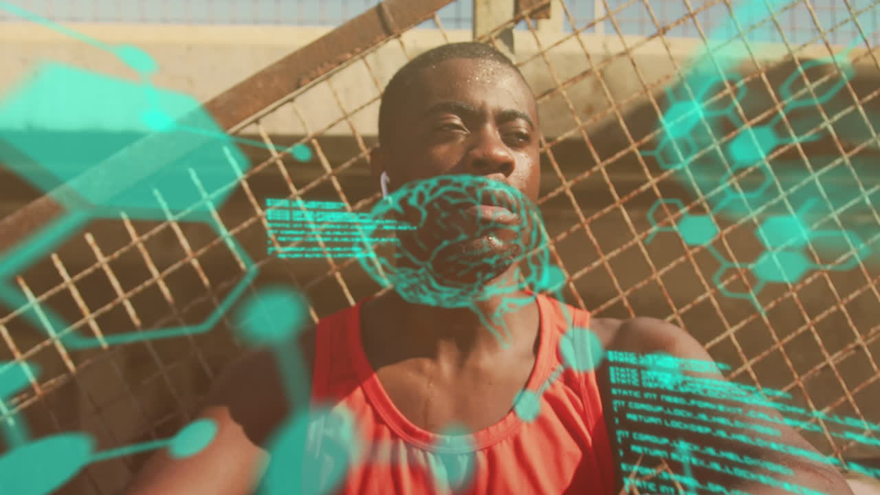 procesamiento de datos médicos contra cansado afroamericano hombre en forma bebiendo agua sentado en las escaleras