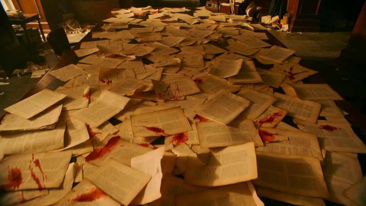 Pulling back, camera revealing wooden table in study, showing red stains on loose book pages