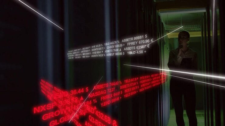 Analyst tapping tablet at doorway causing white or red data bands overlaying analyst checking market