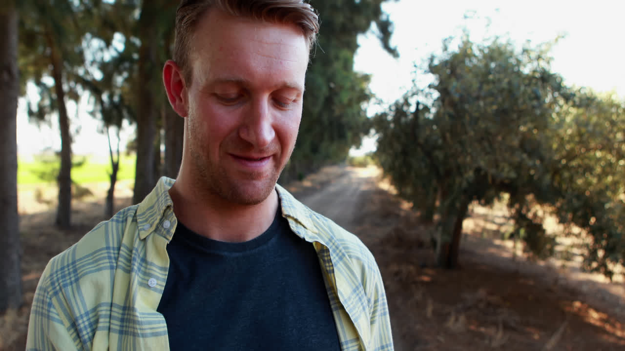 올리브 농장에서  ⁇ 드폰을 사용하는 행복한 남자 4k