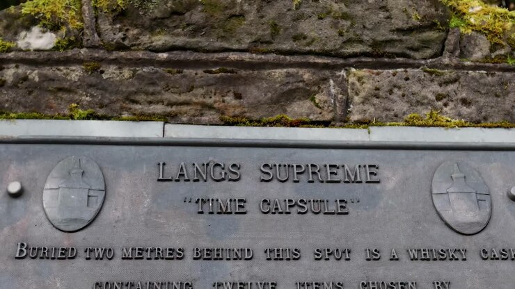 Close-up view of a metal plaque on a moss-covered stone wall, commemorating a time capsule buried in 1983.