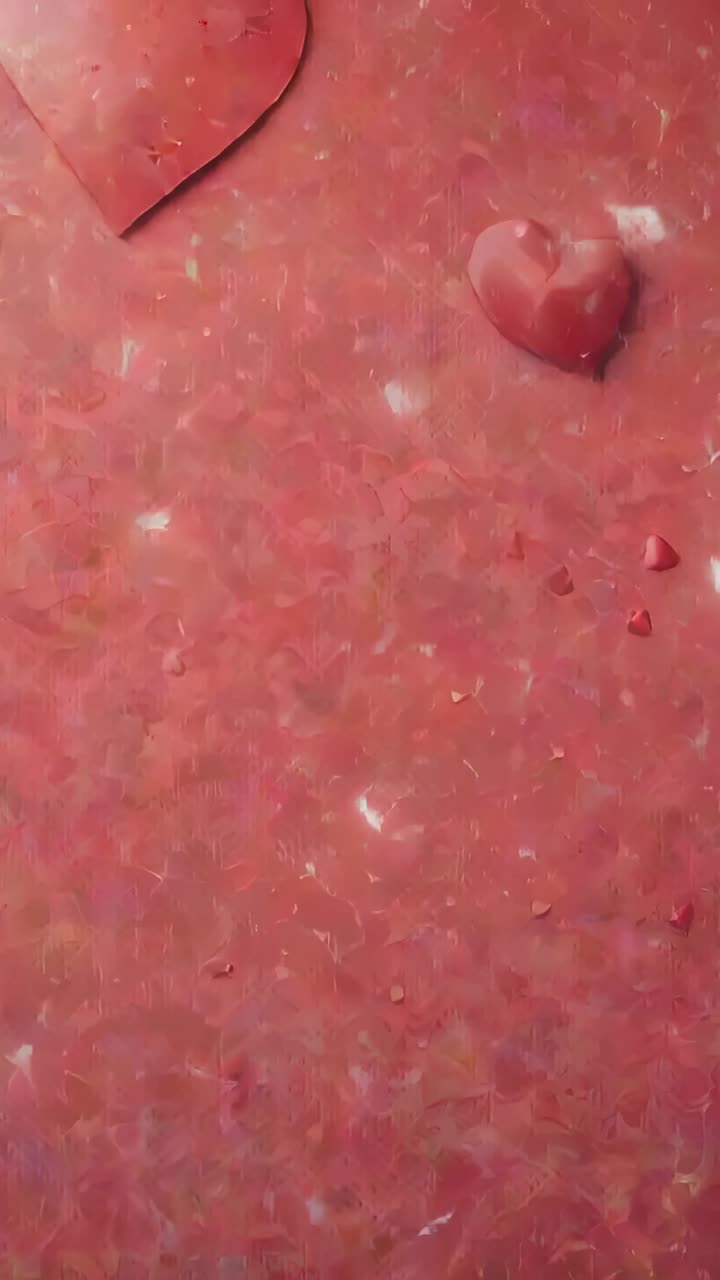 Video verticale: sfondo rosso glitterato con texture che rivela due cuori e brillantini in macro primo piano