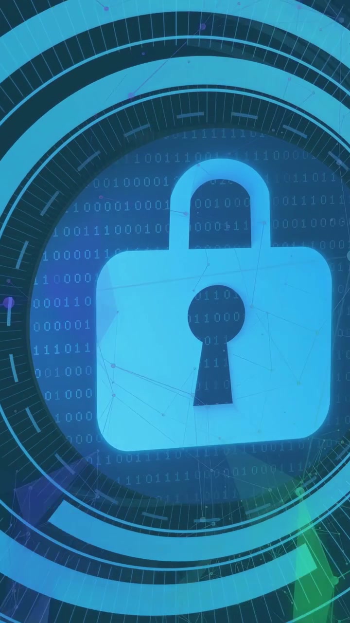Vertical video: Dots sparking HUD rings forming, padlock emerging, rotating to signal secure data