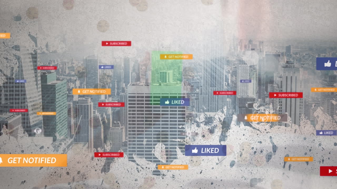 도시 풍경 위의 소셜 미디어 아이콘의 애니메이션