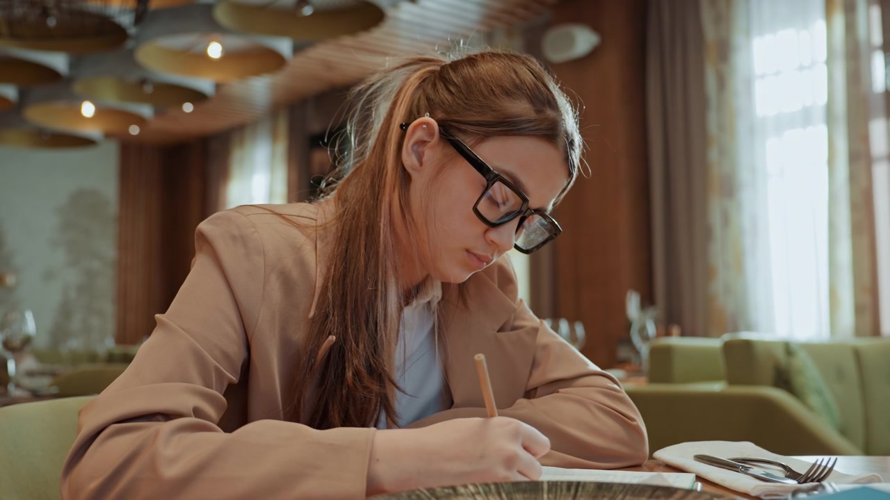 Kvinne som jobber på kafé. Forretningskvinne som multitasker med dokumenter og bærbar PC i kafémiljø. Kvinnelig ansatt som effektivt håndterer arbeidsoppgaver i et kafémiljø