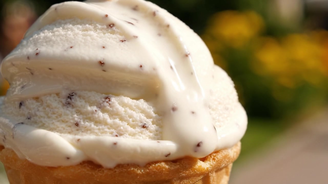 Um Sorvete Delicioso Derretendo ao Sol – Um Close-up da Delícia Cremosa com Gotas de Chocolate em um Cone Crocante Capturando a Essência da Felicidade de Verão.