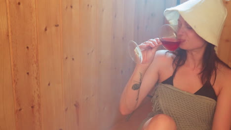 young adult woman wearing wool spa hat raising glass of red juice in misty wooden spa cabin toasting unseen friend with soft backlight glow warm serene wellness ritual nourishing skin care moment