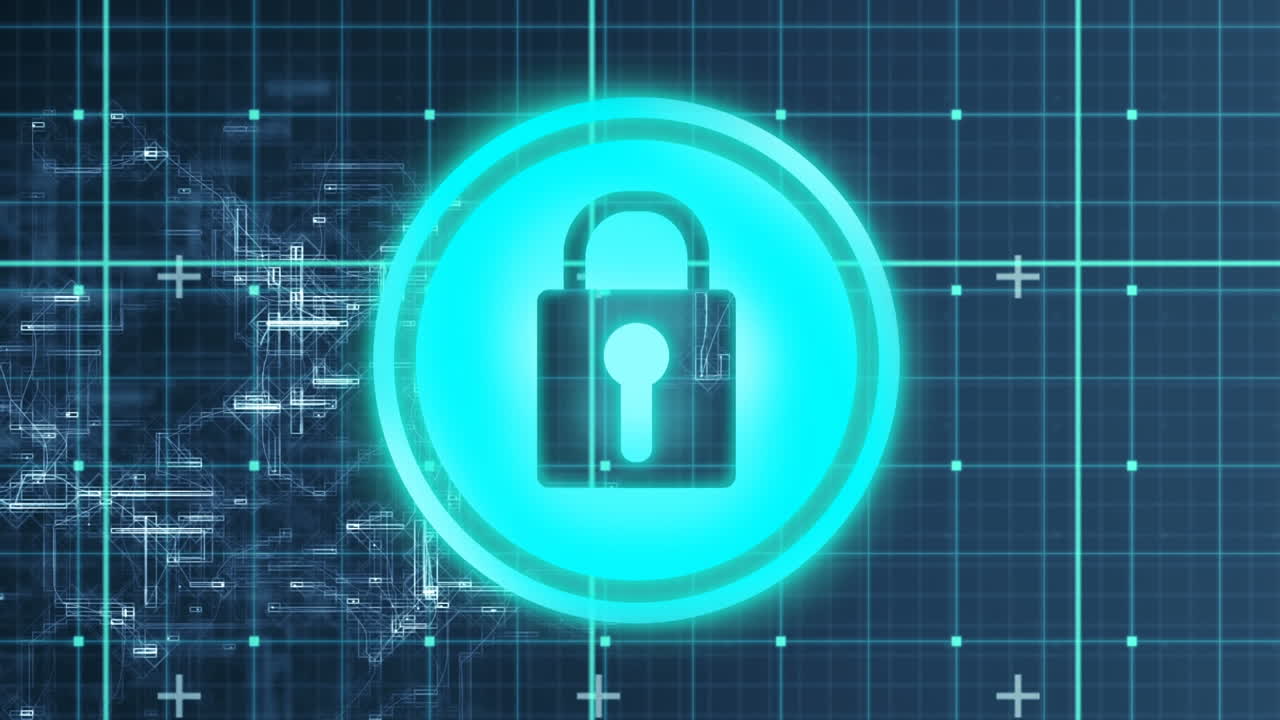 animación de la red de conexiones y el candado de seguridad en línea sobre la red