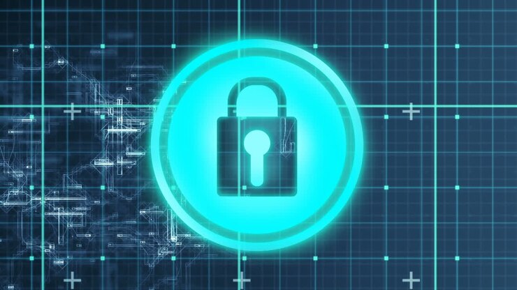 Animazione di una rete di connessioni e lucchetto di sicurezza online su griglia.