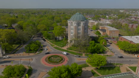 city hall and roundabout in university city with a boom down and tilt up