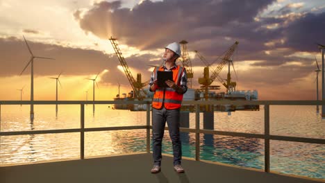 engineer on offshore wind farm platform at sunset