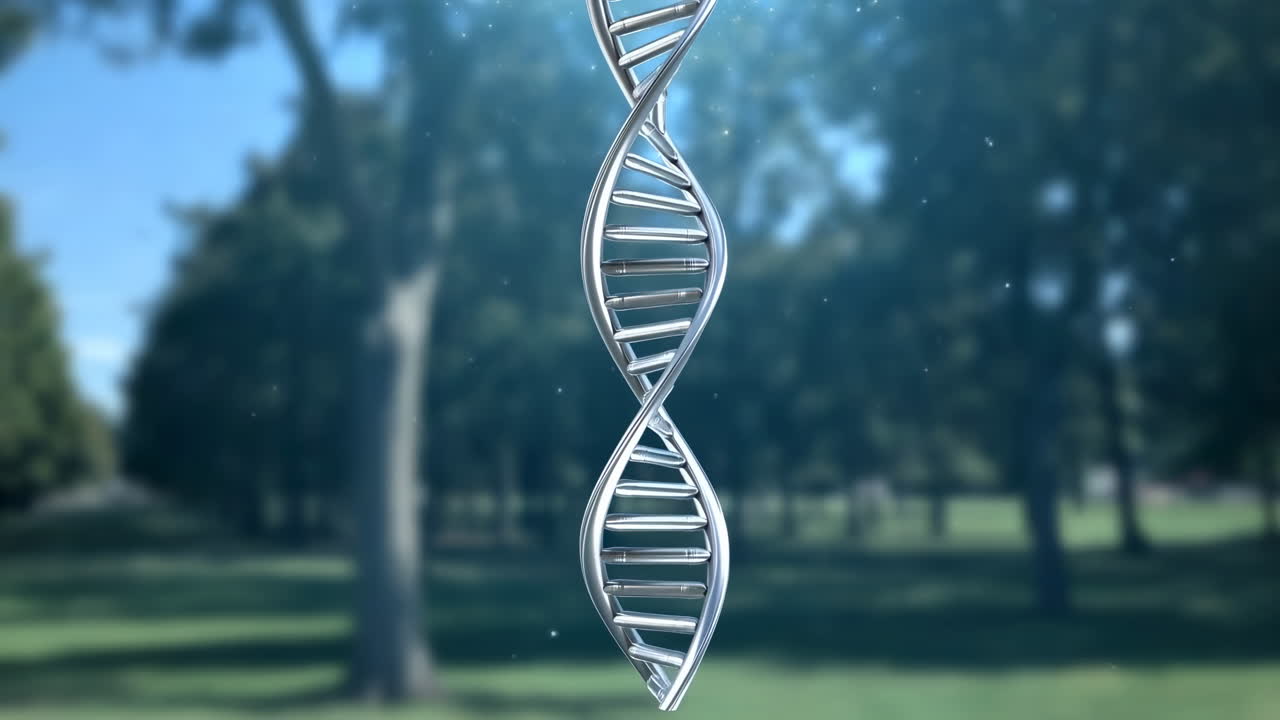 Roterende DNA dobbelt helix-struktur mod en sløret naturbaggrund.