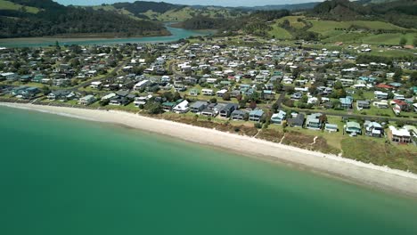 scenic cinematic pan of beach front properties