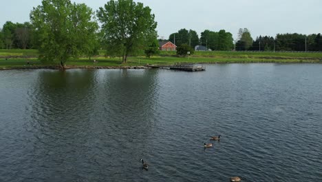 a panoramic view of beautiful lake nestled among rain forest under blue sky with white clouds