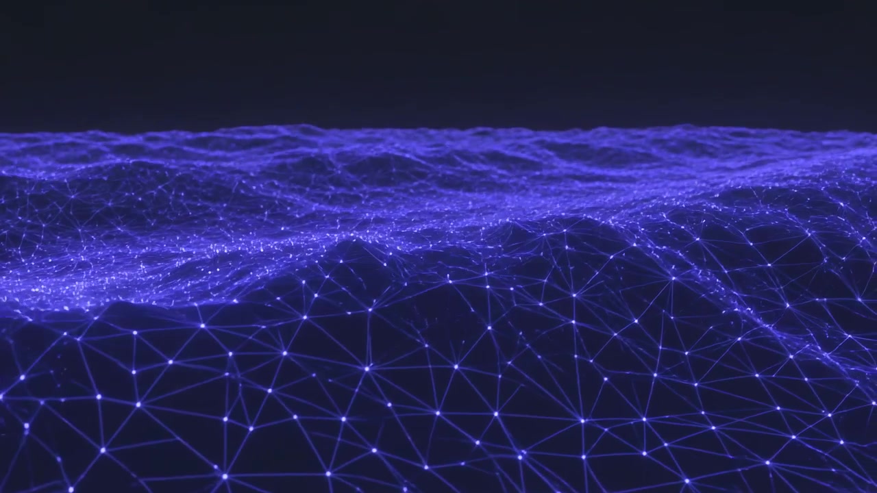 Playing animation, purple wire mesh rippling across dark void toward horizon, glowing nodes pulsing