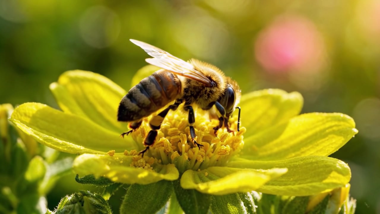 Eine wunderschöne Nahaufnahme einer leuchtend gelben Blume, die Bienen anzieht und die Bestäuber der Natur in Aktion vor einem üppig grünen Hintergrund hervorhebt.