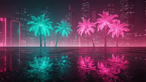 a vibrant urban paradise with lush palm trees glowing in neon colors amidst a futuristic cityscape reflected in wet surfaces at night