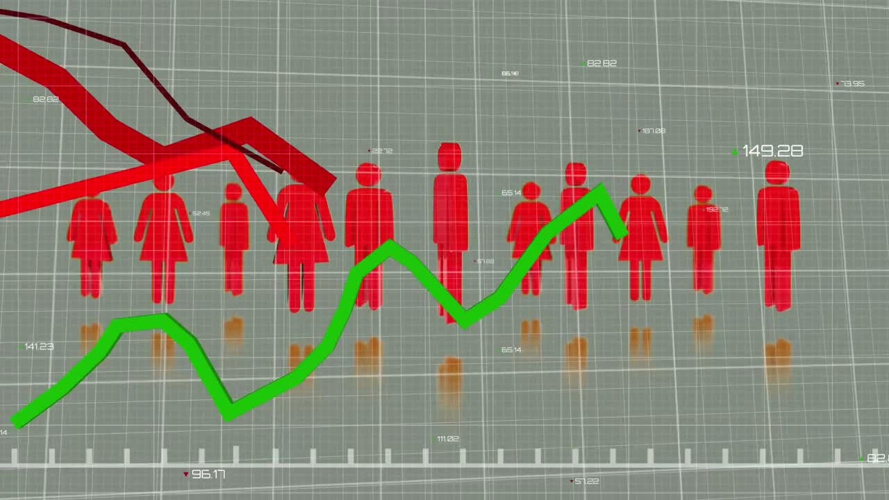 Animation of lines financial data and statistics processing over red people silhouettes and grid
