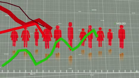 animación de líneas procesamiento de datos financieros y estadísticas sobre siluetas y cuadrícula de personas rojas