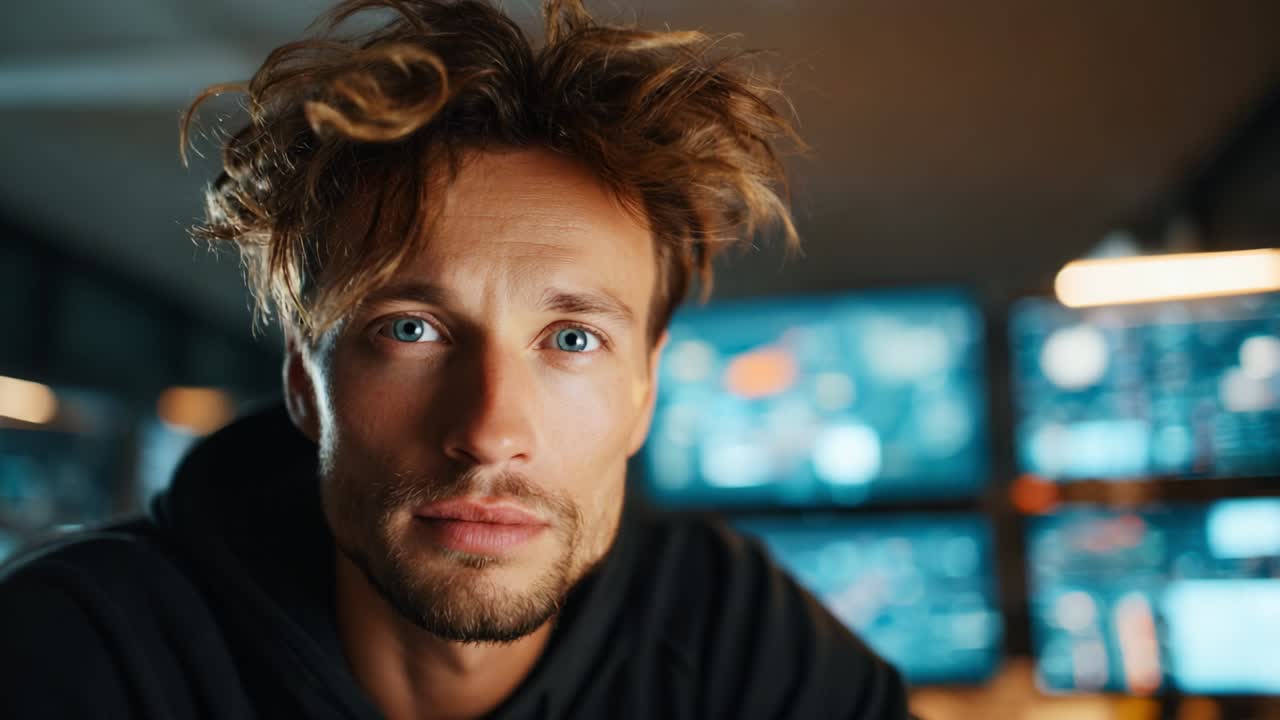 A Close-Up of an Engaging Young Man with Textured Hair, Showcasing an Intense Silence Transitioning into a Warm Smile Against a Backdrop of High-Tech Monitors and Data Streams, Capturing the Essence of Human Emotion and Technology